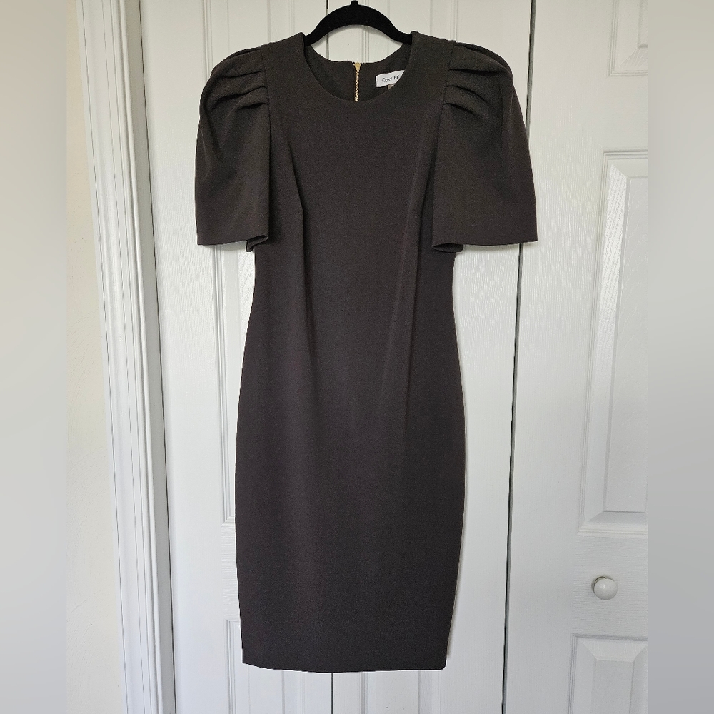 Puff Sleeve Charcoal Gray Calvin Klein Sheath Dress Size 4